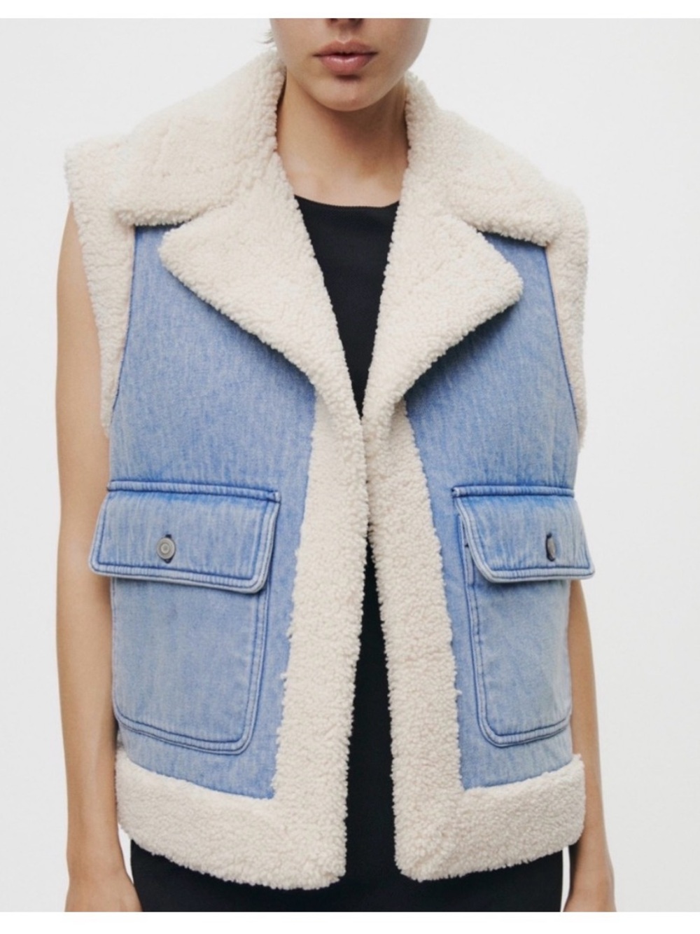 Zara Denim & Sherpa Fleece Vest Women’s Small Blue Cream Teddy Lined Oversized